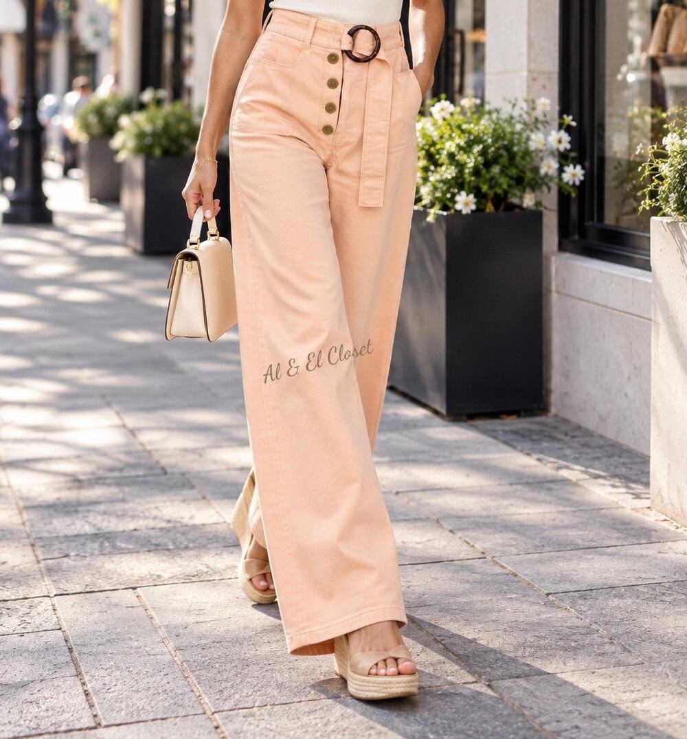 Rejina Pyo Emily Jeans Light Peach Wide Leg Belted Denim UK 6 EU 34 NWT